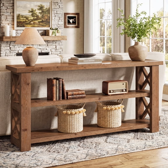 Finmind Solid Wood Console Table for Entryway, 63" Sofa Table Behind the Couch, Narrow Foyer Table with X-Shaped Frame, for Hallway, Entrance, Brown