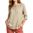 thumbnail image 6 of Vivianyo HD Women's Mandarin Collar Half Henley Placket Blouse, Curved Hem Three Quarter Sleeve Shirt For Women, Spring Summer Lightweight Tunic for Park Visits and Casual Lunches, Sizes S-2XL, 6 of 7