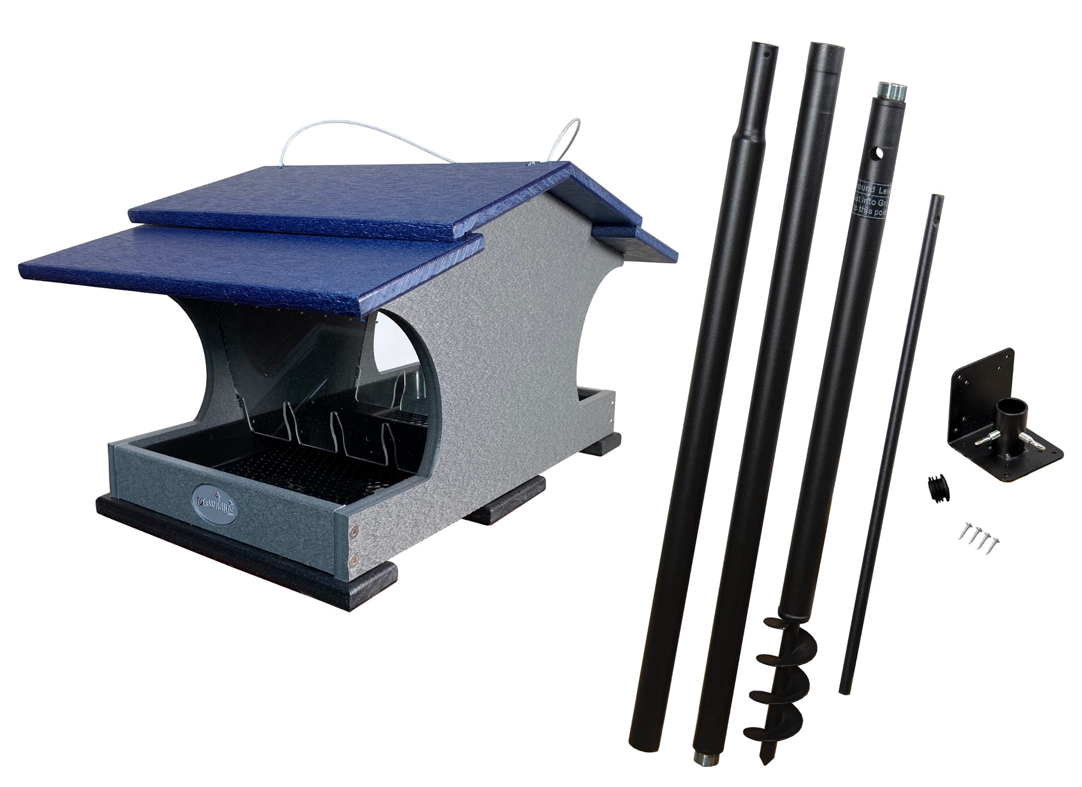 JCs Wildlife Large Poly Hopper Bird Feeder with Universal Mounting Pole Kit - Holds 2 Gallons of Bird Seed - Blue and Gray