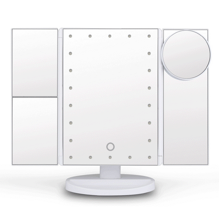 Lighted Vanity Makeup Mirror - Ovonni Vanity Makeup Mirror Trifold 22 LED Lighted With Touch Screen, 2x 3x 10x Magnifying Spot, Foldable 180°Adjustable Stand And Dual Power Supply For Countertop Bathroom Cosmetic Makeup
