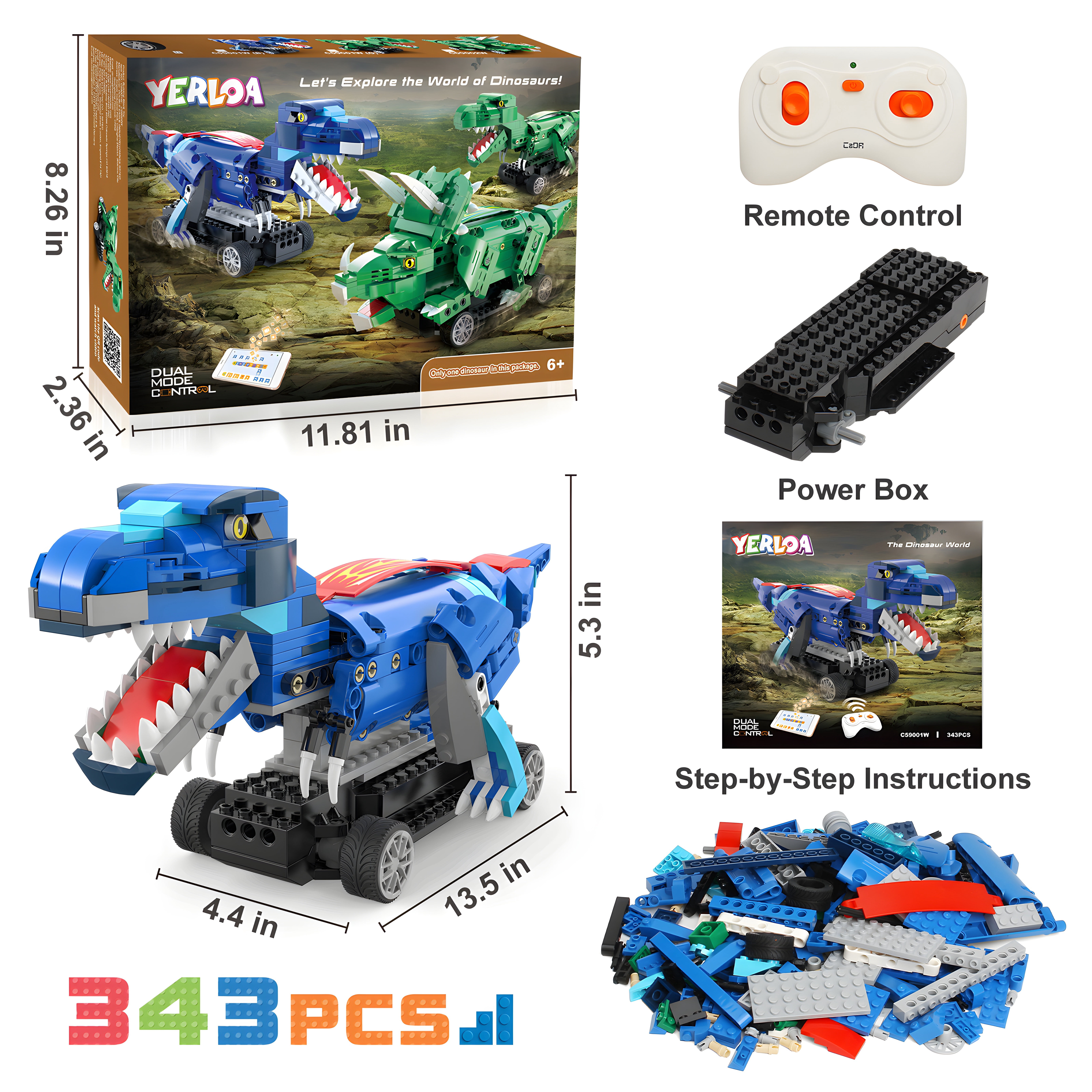 Yerloa Dinosauro T-Rex Telecomandato 343 Pezzi, Giocattolo Da Costruzione STEM, Programmabile Via APP, Regalo Per Bambini 6-12 Anni