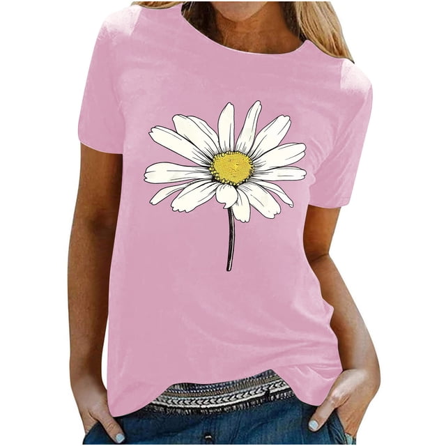 KIHOUT Nouveau Haut de Mode d'Été pour Femmes 2025, T-Shirt à Manches Courtes à Col Rond Décontracté à Imprimé Floral Rose TG