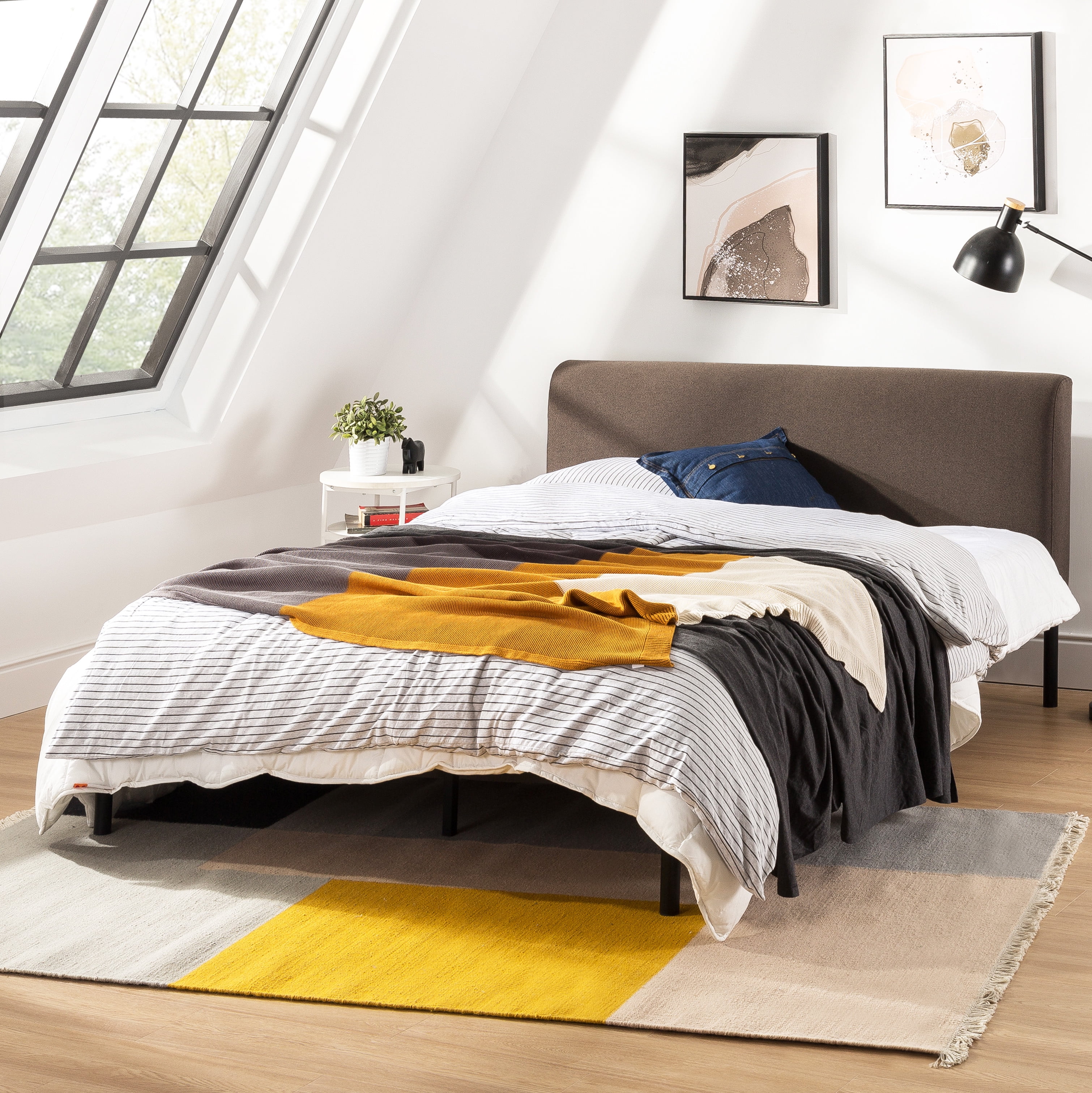 Mellow BREE Metal Platform Bed with Curved Upholstered Headboard, Steel Slats, Easy Assembly, Espresso Brown, Full