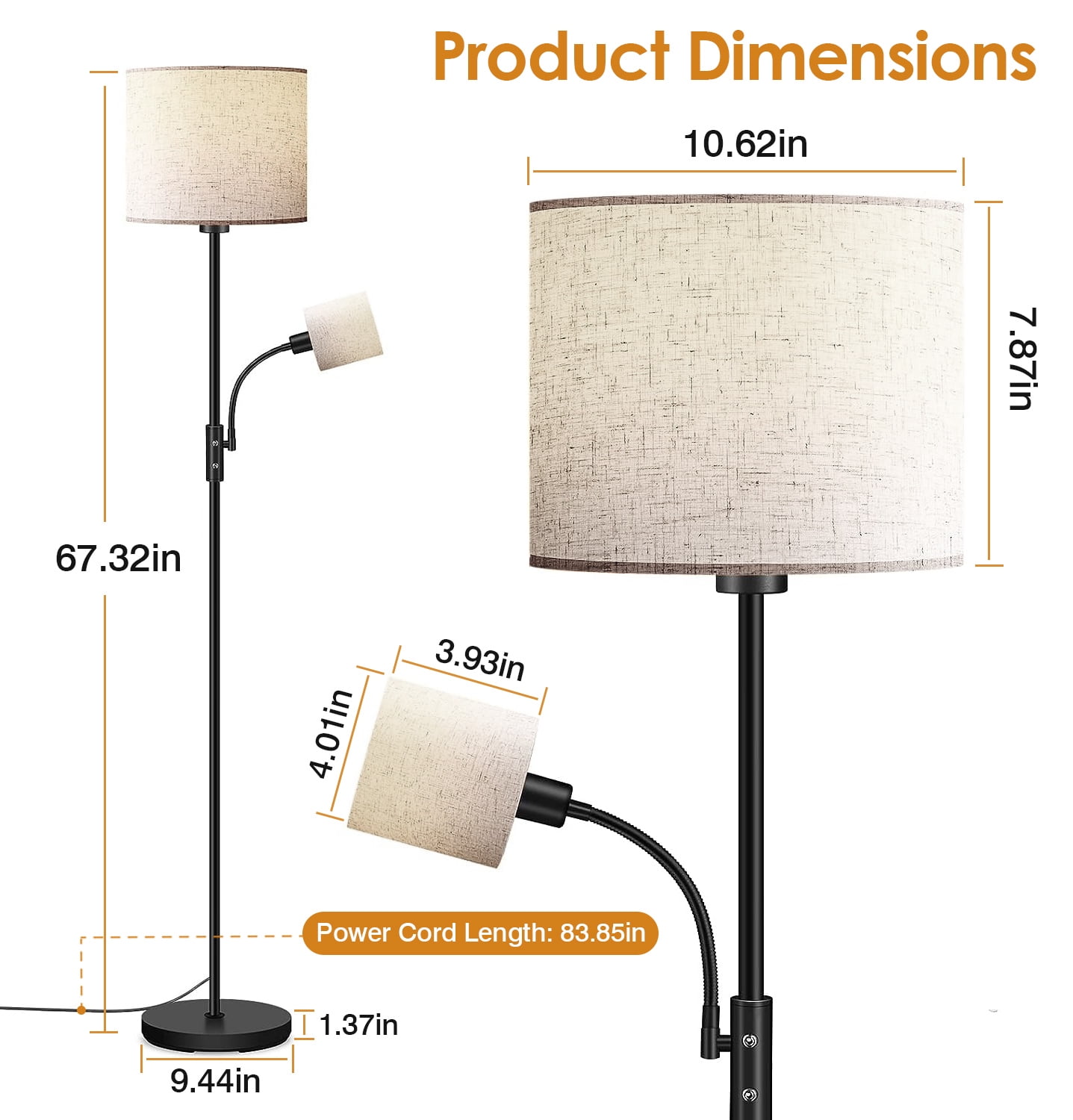 iMounTEK Floor Lamp, Tall Standing Lamp with Reading Light for Living Rooms & Offices, Modern Corner Lamp with Linen Shade, 3200K , Bulb Included, Grey