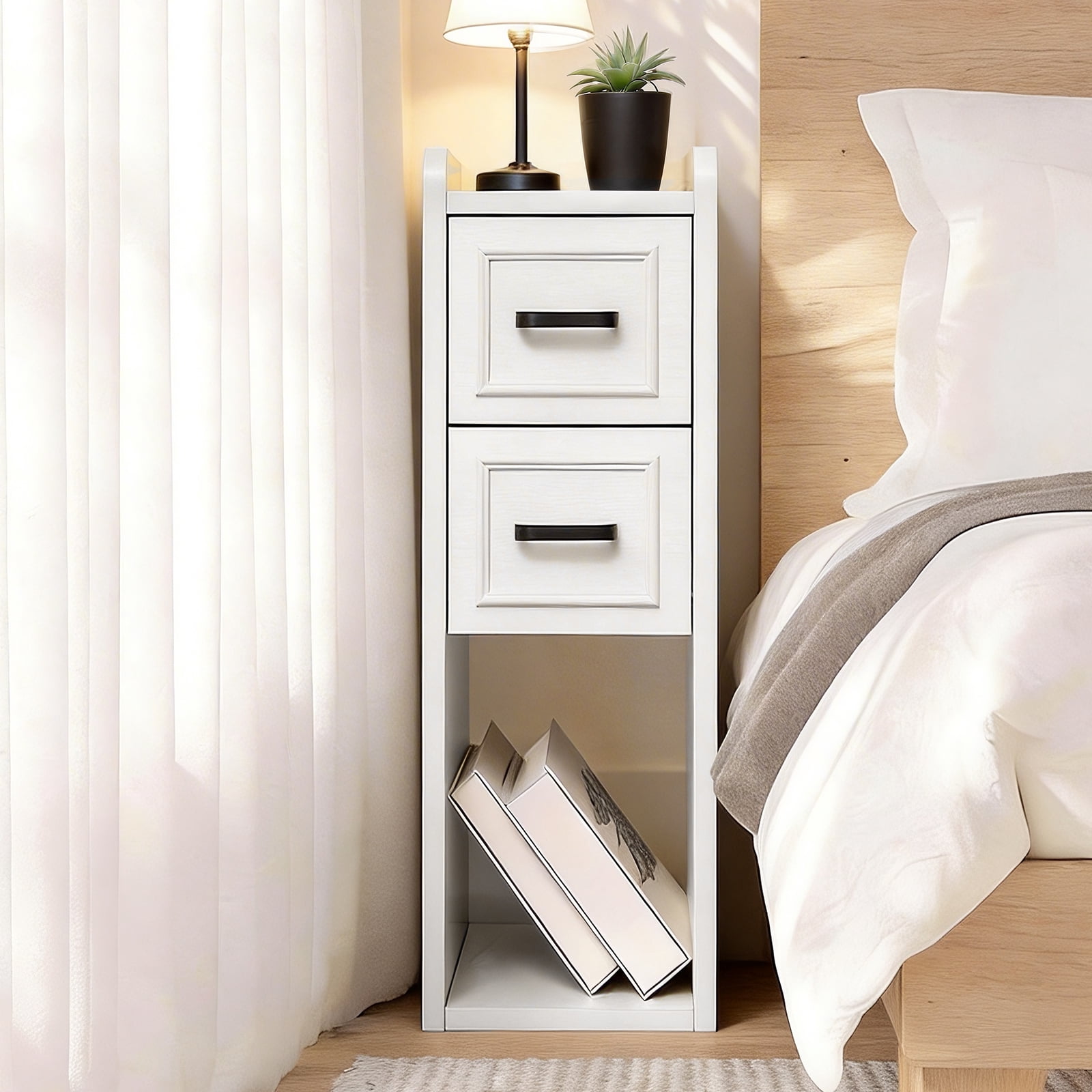 BERRY NEST Narrow White Nightstand, Wood Slim Bedside Tables for Small Bedroom, Modern End Table with Drawers, Perfect for Apartments, Rente