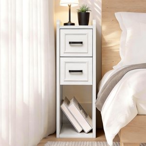 BERRY NEST Table de chevet Narrow White, Tables de chevreau en bois mince pour petite chambre, Table de fin moderne avec tiroirs, Parfait pour les appartements, Rente