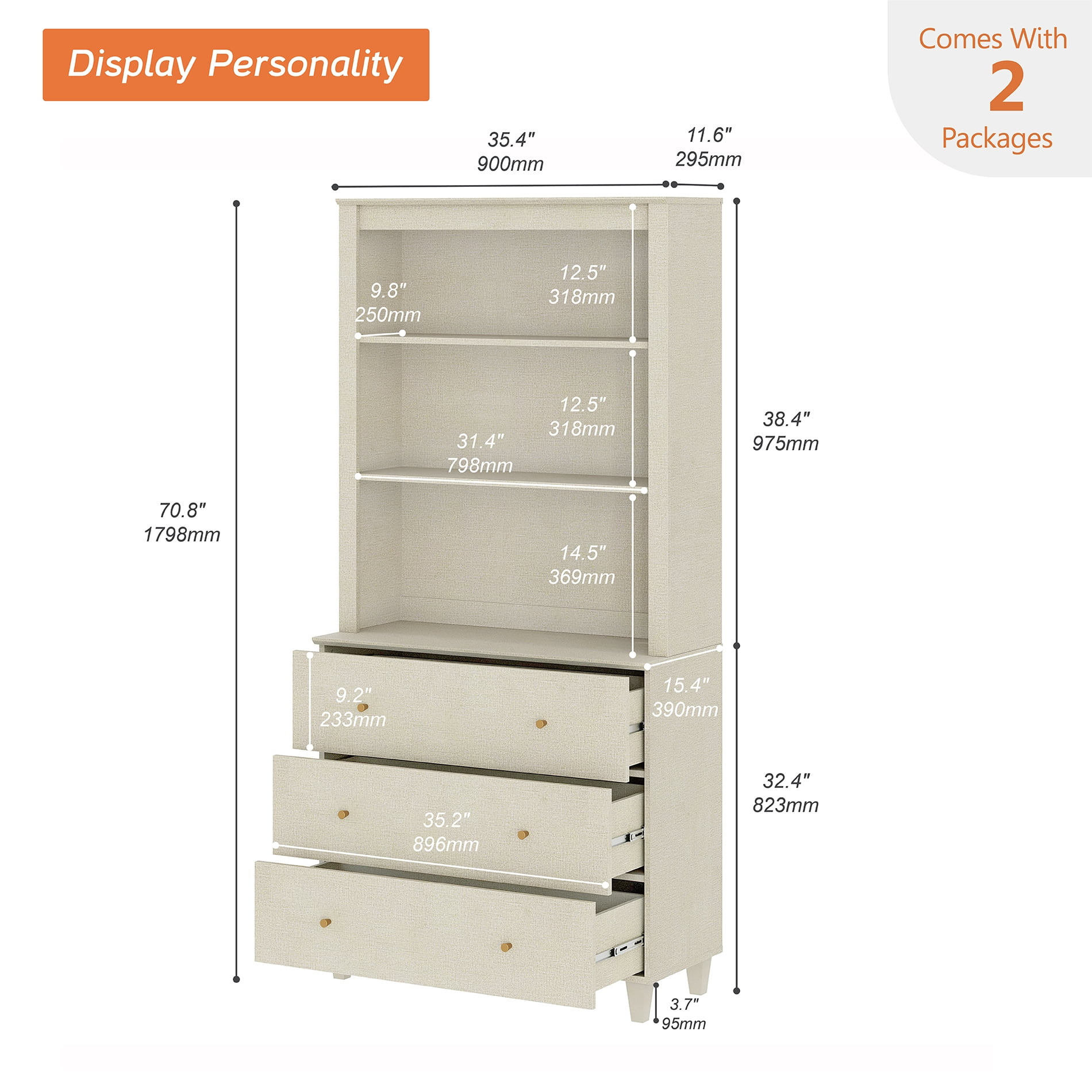 WAMPAT Modern 71" Tall Pantry Cabinet with 3 Smooth-Glide Drawers & Adjustable Shelf for Dining Room, Beige Linen Printed