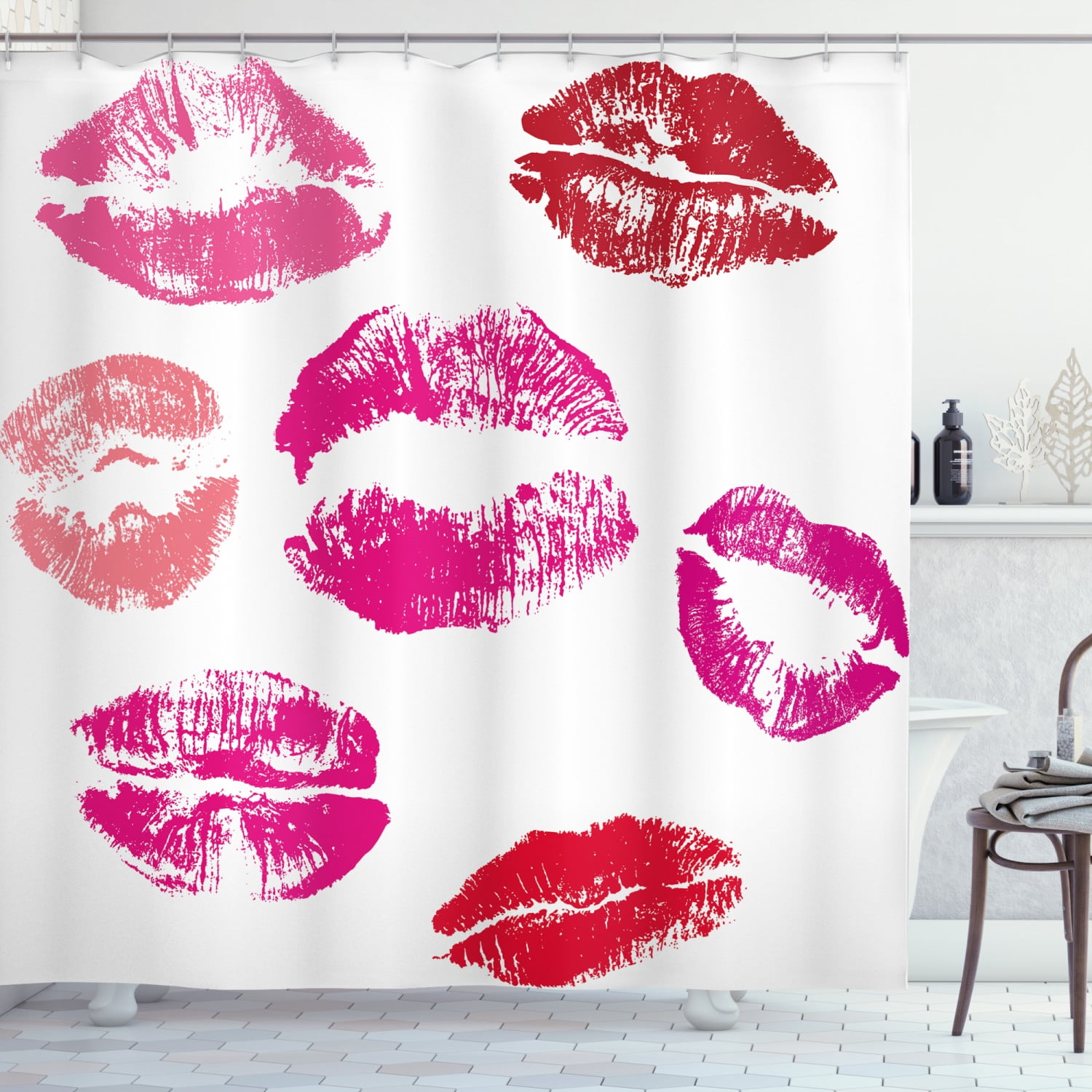 Kiss Shower Curtain, Grunge Looking Pink and Red Lipstick Marks Set