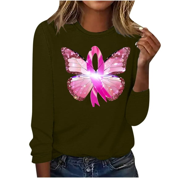 CLOISE Breast Cancer Shirts Women Long Sleeve Crewneck Shirts Butterfly Ribbon Oversized Breast Cancer Fight Tops Cute Comfy Tshirts Cancer Survivor Gifts Outfits Army Green XL