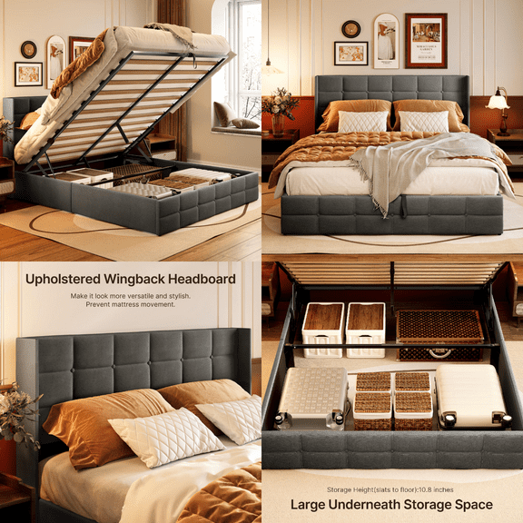 Lofka Full Size Bed Frame with Lift-up Storage and Upholstered Headboard, Metal Bed Frame and Wooden Slats, Dark Gray