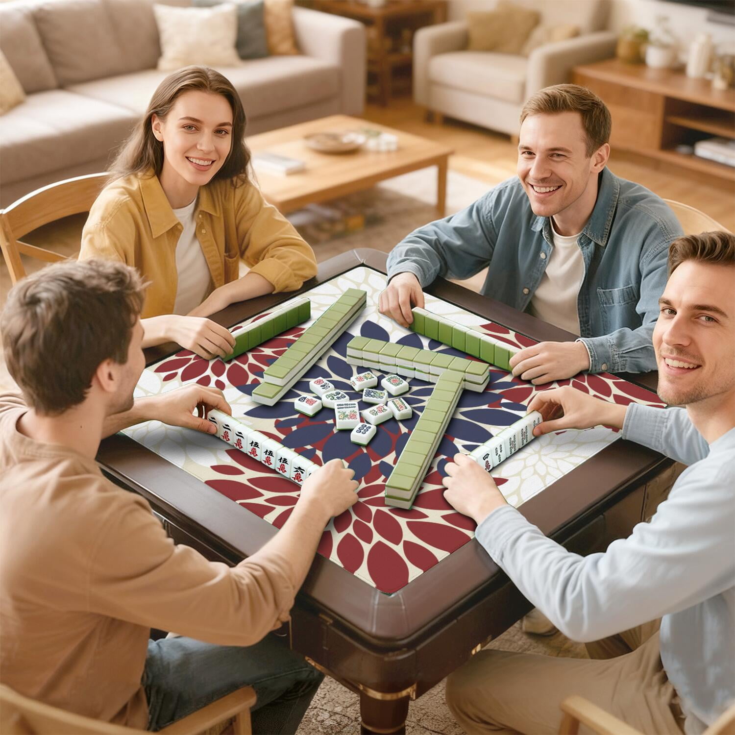Boho Style Multi-Purpose Rubber Game Surface 31.5x31.5 Inch Mahjong Table Cover Features Non-Slip Backing and Noise Dampening for Game Room Activities