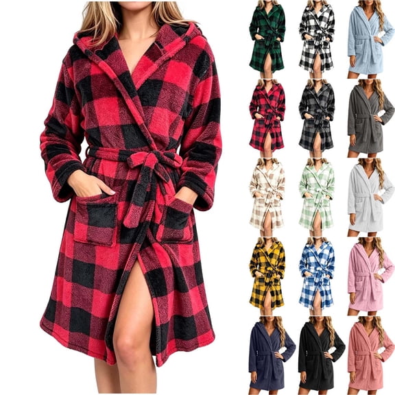 DYTTDG Women's Hooded Buffalo Plaid Plush Fleece Bathrobe, Loose Long Sleeve Self-Tie Waist Robe with Pockets Soft Casual Home Loungewear