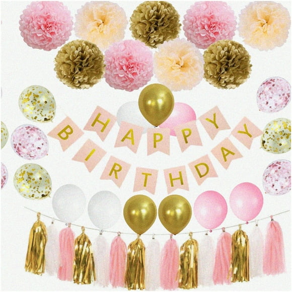 Celebrate in Style: Pink & Gold Birthday Party Kit for Women, Girls & Kids - Includes Happy Birthday Banner, Hanging Tels, Confetti Balloons, Flower Pompoms & More!