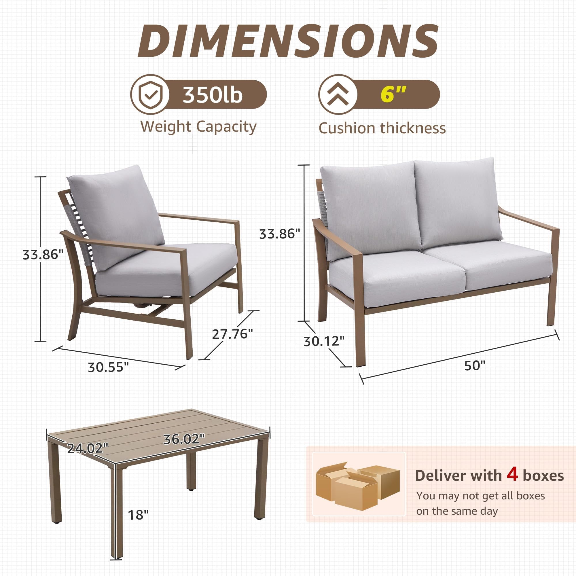 NATURAL EXPRESSIONS 4 Pieces Patio Furniture Sets, Modern Metal Outdoor Conversation Sets with High Back All Weather Hand-Woven Rope Rocking Chairs, Loveseat, Metal Table, 6" Thick Olefin Cushions