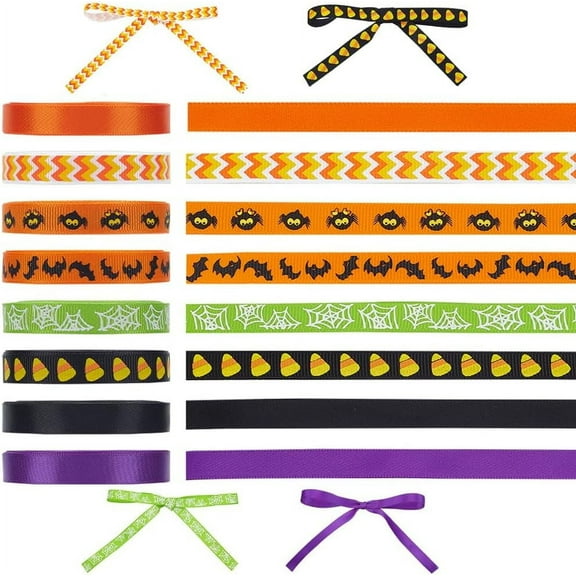 1Set 40 Yards Halloween Ribbon Orange and Black Grosgrain Ribbon 8 Rolls 3/8 inch Decorative Halloween Ghost Spider Printed Ribbons for DIY Bows Gift Wrapping Sewing Crafts