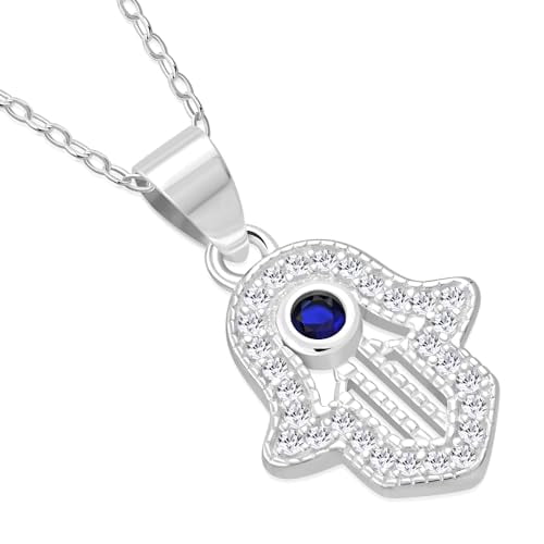 My Daily Styles 925 Sterling Silver CZ Small Hamsa Pendant Necklace with Blue CZ Accent - Adjustable Chain 16"-18" (Silver)