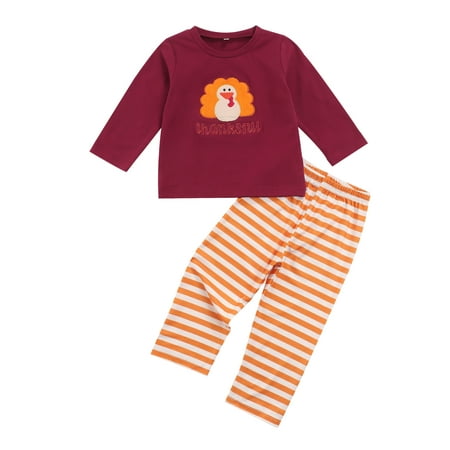 

TheFound 2Pcs Toddler Baby Girls Boys Thanksgiving Outfit Long Sleeve Turkey Print T-Shirt Tops Striped Pants Clothes