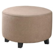 Jacquard Polyester Fabric Round Ottoman Slipcover Furniture Protection Footrest Natural