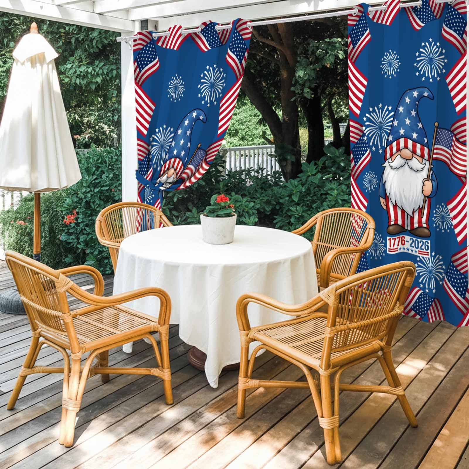 Independence Day Outdoor Curtains for Patio, U. S. Flag Cartoon Gnome Graffiti Firework Sunshade Privacy Drapes Grommet Waterproof Outside Curtains for Porch/Cabana/Balcony 54"x 108", 1 Panel