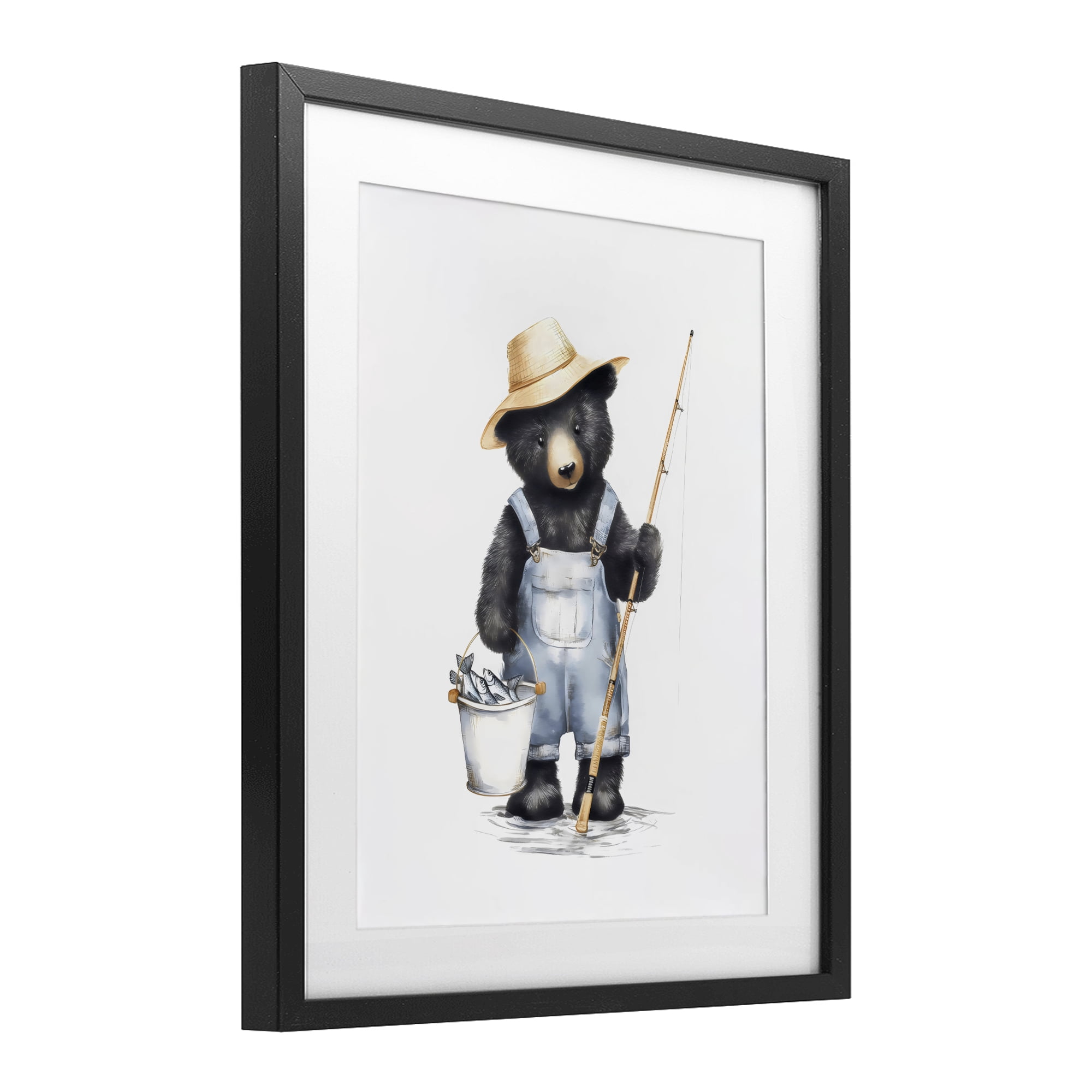 Stupell Industries Fishing Bear in Straw Hat Black Framed Print Under Glass, design by Arlington Prints