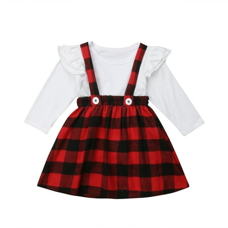 

Qtinghua 2Pcs Toddler Baby Girls Christmas Clothes Long Sleeve Ruffle Tops T-shirt+Plaids Suspender Skirt Dress Outfits White 0-6 Months