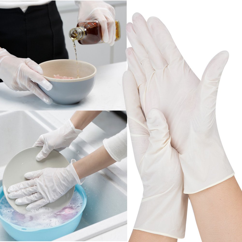 100Pcs White Disposable Latex Gloves Non-Slip Protective Gloves for Food Factory Laboratory UseM