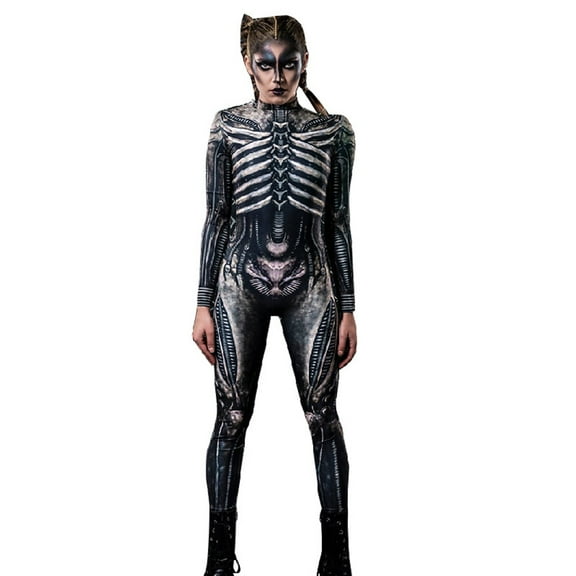 Hifoo Halloween Hallowmas Bodysuit Skeleton Printed Suit Women O-Neck Jumpsuit Stylish Female Onesie