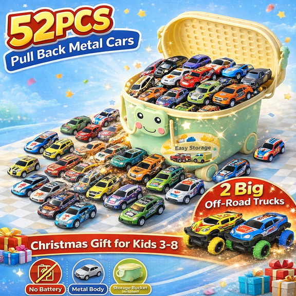 Metal Pull Back Cars Set, 52 Piece, With Storage Bucket, 50 Mini Cars and 2 Big 3.5 Inch Off-Road Vehicles