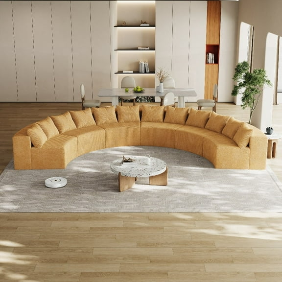 Bedroom, living room & office sofa - corduroy curved sectional with 12 pillows, modular & easy to clean.