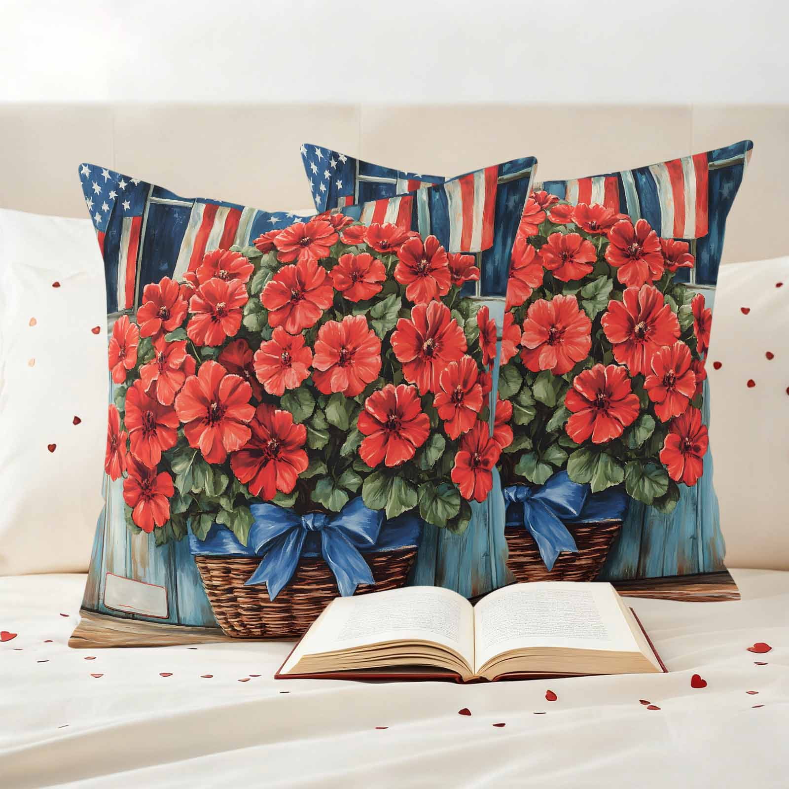 Begonia Flower Pillow Covers 2 Pack American Flag Retro Pillowcase Waterproof Outdoor Throw Pillow Cover for Patio Garden Square Cushion 26”x26”
