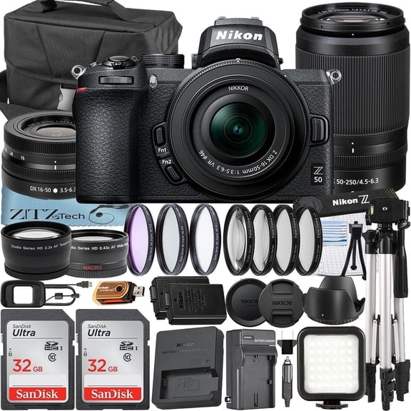 Nikon Z 50 Mirrorless Camera with NIKKOR 16-50mm   DX 50-250mm Zoom Lens   2 Pack SanDisk 32GB Card   Case   Telephoto   Tripod   ZeeTech Accessory Bundle