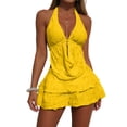 thumbnail image 2 of Pounoo Women's Three Piece Swimsuits Halter Neck Flowy Top Solid Bathing Suits Summer Vacation Style Lightweight Swimwear with Cover Up Gift, 2 of 9