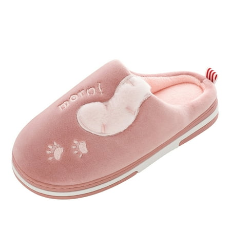 

Puawkoer Couples Women Slip On Furry Plush Flat Home Winter Round Toe Keep Warm Cartoon Cat Slippers Shoes