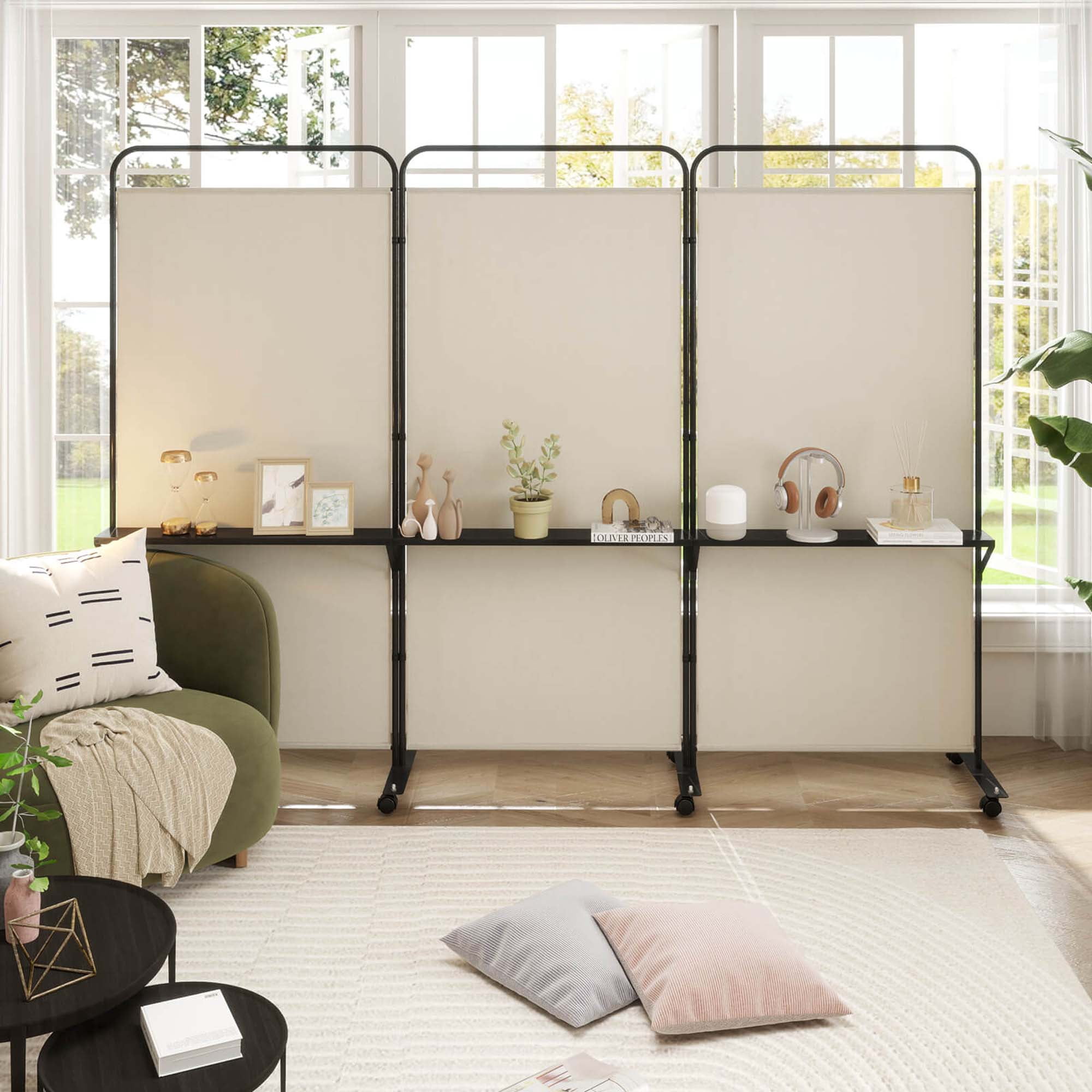 Costway 3-Panel Room Divider with Storage Shelves 6FT Tall Folding Privacy Screen on Wheels White