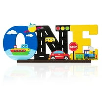 1 Year Old Wooden Ornament with Transportation Sign for Birthday Parties Decoration, ONE Letter Desktop Ornament Party Gift for Boys
