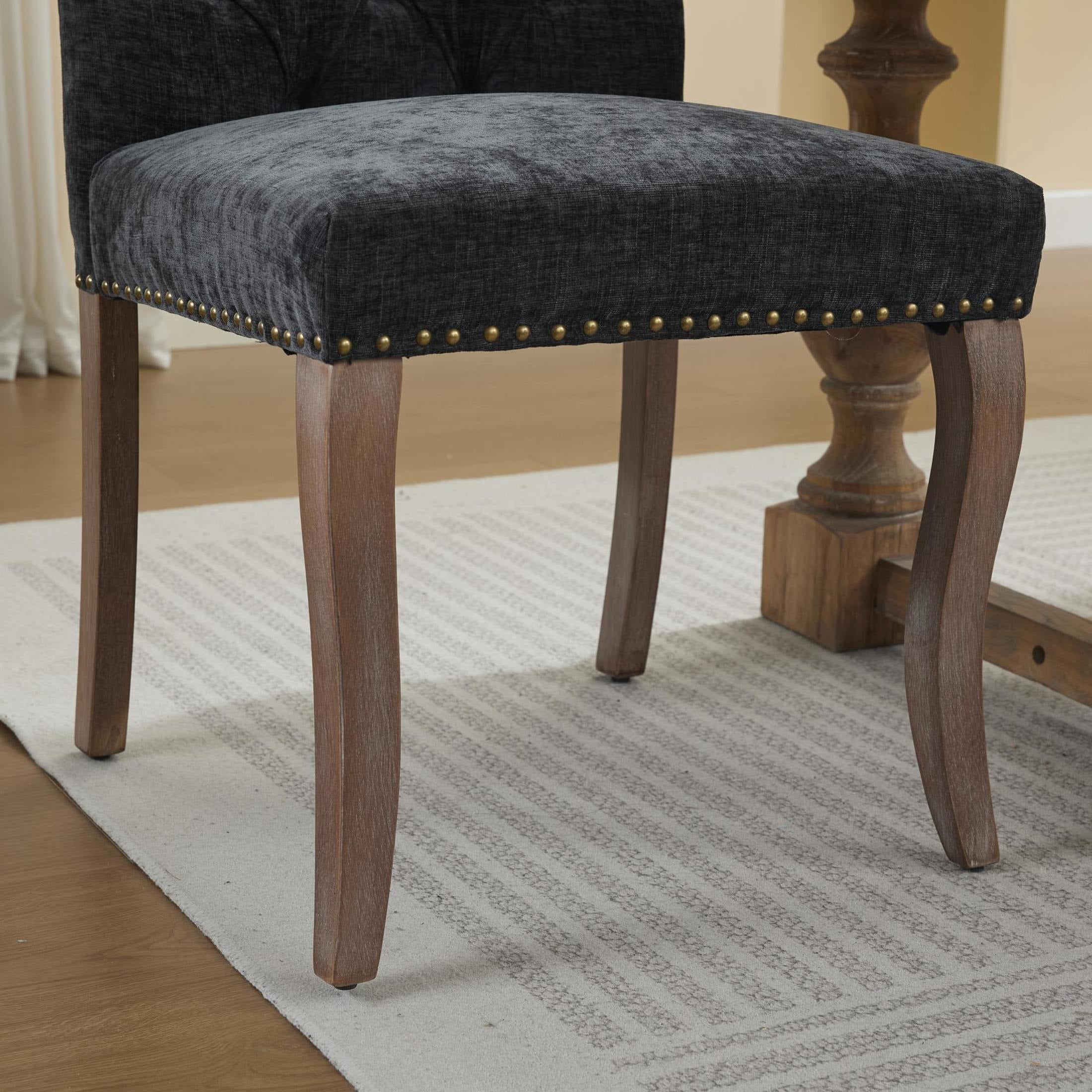 Noble House Set of 2 Tufted Chenille Upholstered Dining Chairs, Curved Solid Wood Legs, Black