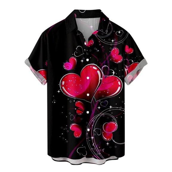 IROINNID Men's Valentine's Day Casual Short Sleeve Lovely Printed Blouse With Pocket