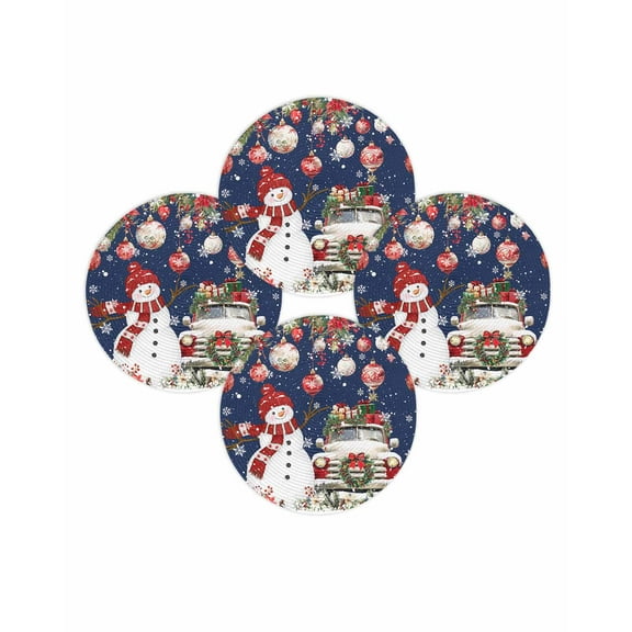 Christmas Round Placemats Set of 4 Snowman Christmas Ball Place Mats Washable Woven Placemat Poinsettia Red Truck Snowflake Circle Braided Table Mat for Kitchen Dining Table Party Home Decor 15 Inch
