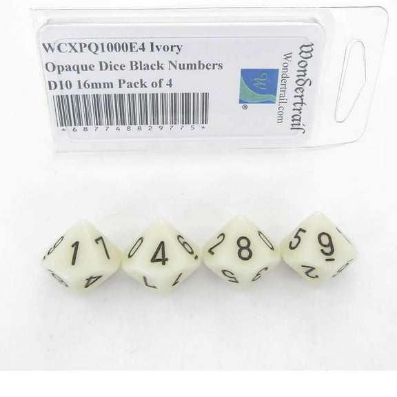 Ivory Opaque Dice with Black Numbers D10 Aprox 16mm (5/8in) Pack of 4 Wondertrail