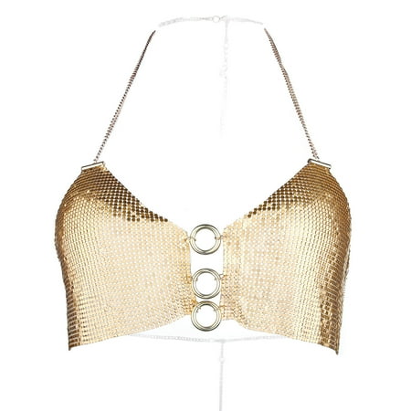 

CLZOUD Women Underwear for Play Gold Cloth Women Sequins Body Chain Halter Bra Decor Bralette Top Chest Chain