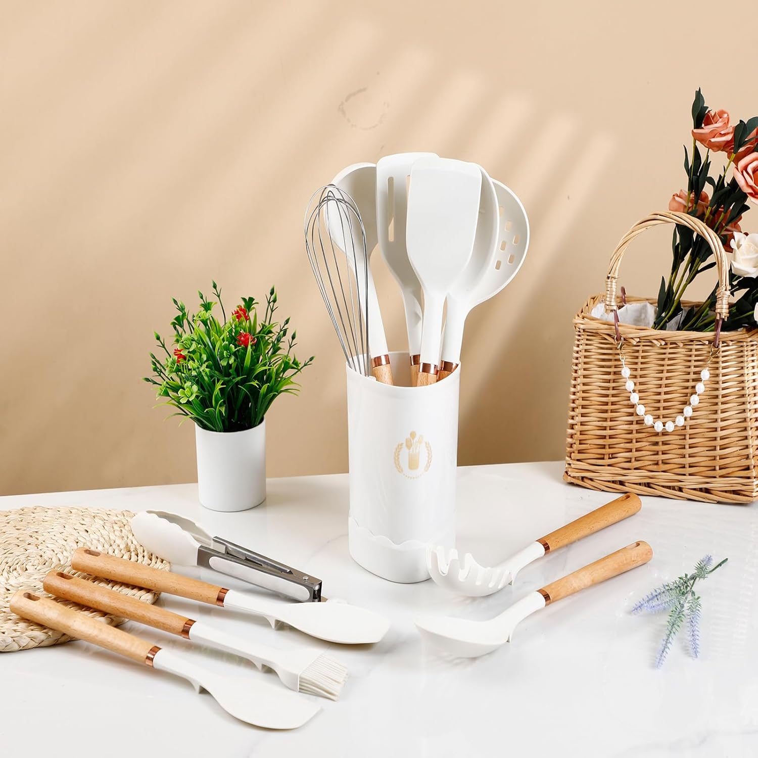 Silicone Cooking Utensils Set, Kitchen Utensils Set 13 Pcs for cooking, Spatula Set with Heat Resistant Wood Handles for Nonstick Cookware (White)