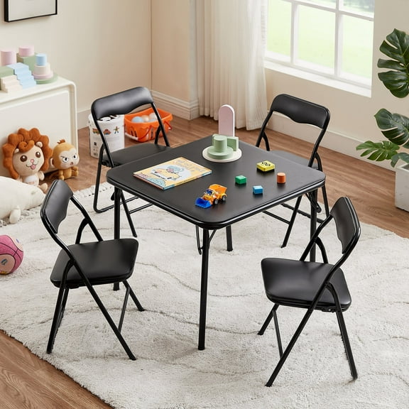 VECELO Kids 5-Piece Folding Table and Chair Set, Children's Activity Table and Chairs Set, Suitable for Eating,Reading and Playing, Black