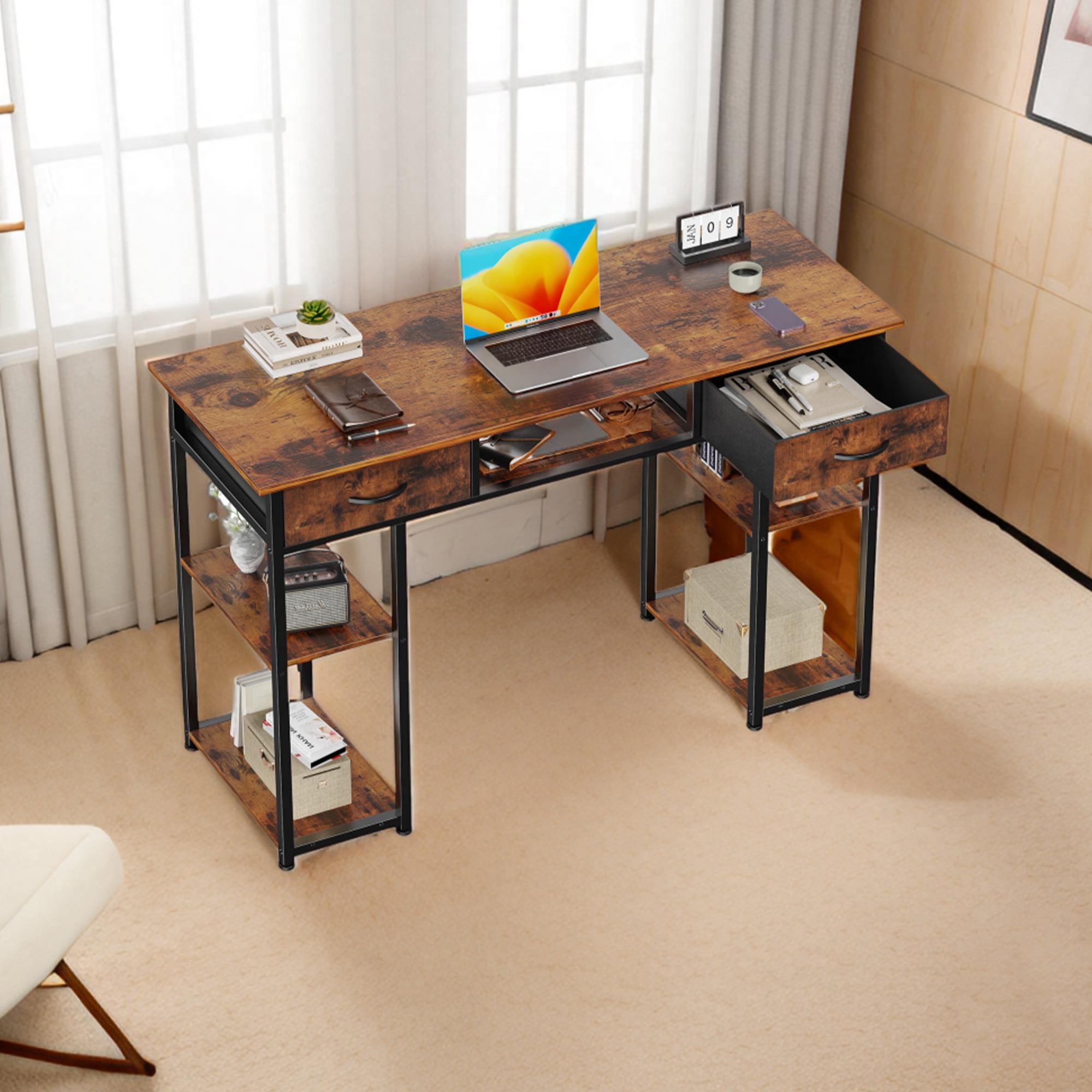 CONCETTA 48 inch Small Desk with Fabric Drawers & Storage Shelves