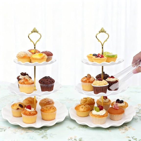3 Tier Cupcake Stand Holder, Cupcake Display Rack with Tongs, Plastic Tiered Serving Stand, Dessert Tower Tray for Tea Party, Weddings Parties Pastry Serving Tray
