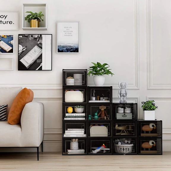 Storage Shoe Box, Foldable Clear Sneaker Display Box, Stackable Storage Bins Shoe Container Organizer, 8 Pack - Black