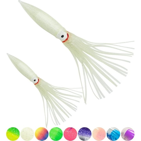 BLUEWING 10pcs Trolling Squid Skirts Fishing Saltwater with Float Inside Squid Lures Fishing Saltwater Octopus Skirt for Tuna Mahi Marlin Big Game Fish Luminous 9in