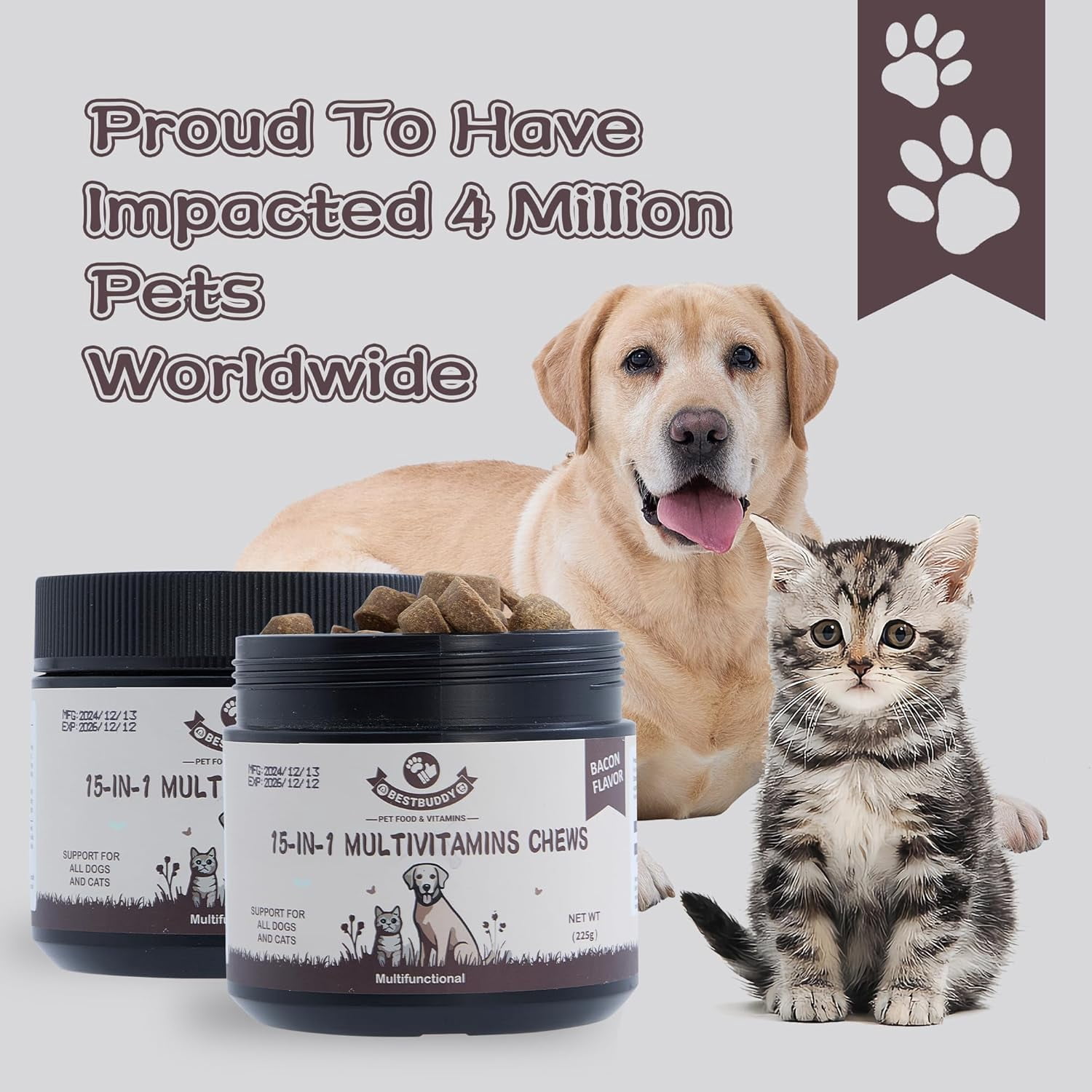 Best Buddy Multivitamin 15-in-1 Treats for Dogs, Complete Health Supplement Joint Support + Digestive Enzymes, Grain Free Dog Vitamins and Supplements for Skin & Coat (Pork, 225g)
