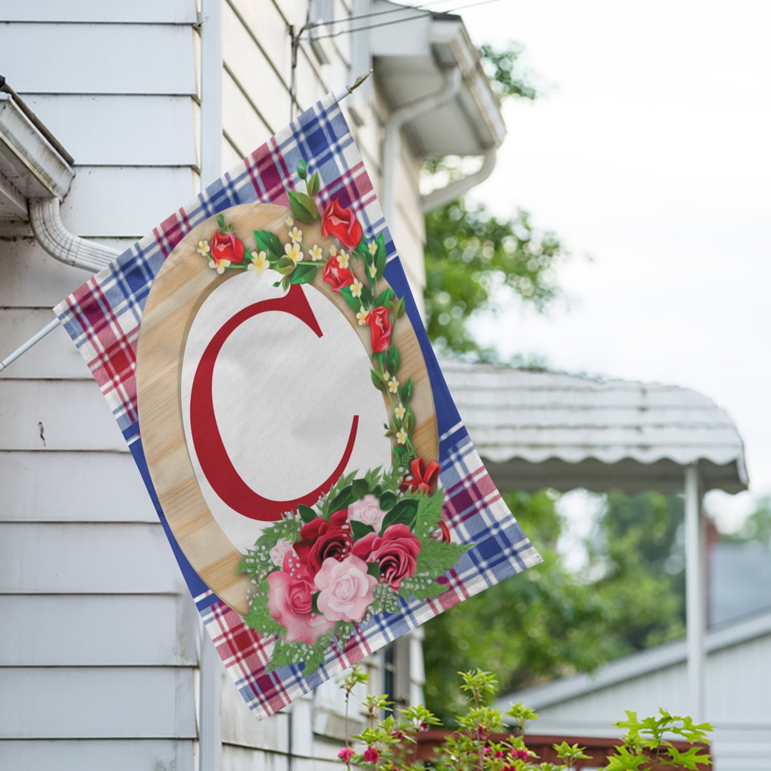 America Forever Monogram C House Flag, 28 x 40 inch Double Sided, Letter C with Roses, Floral Initial Flag, Plaid Background, Personalized Yard Decor