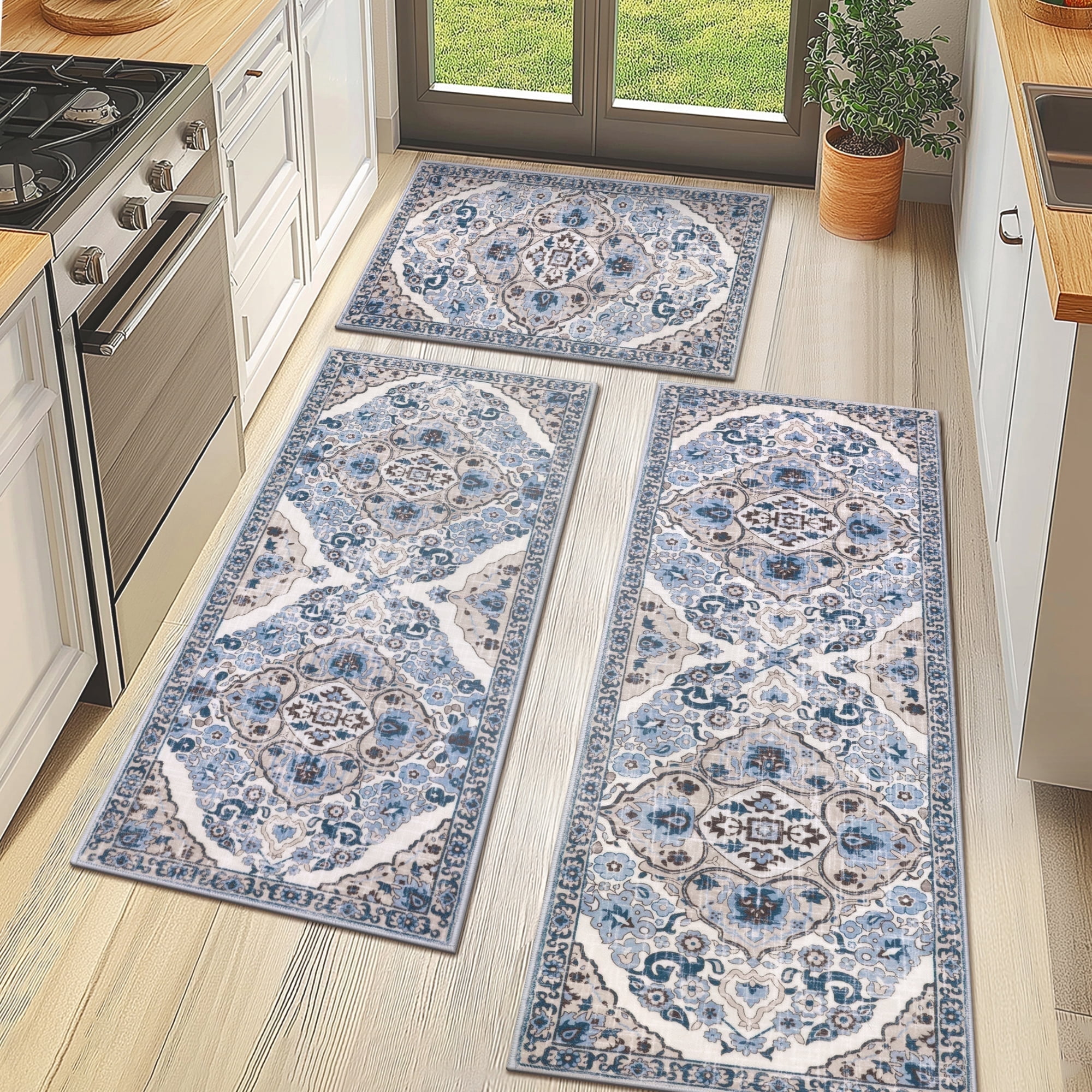 MeyJey Kitchen Rug Set 3 Piece, Non Slip Machine Washable Mats for Home Floor and Living Room, Blue/Beige