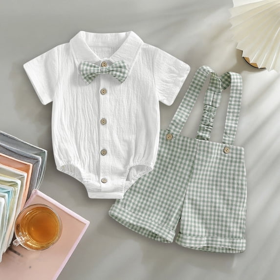 Rggeeun Baby Boys Set Summer Linen Solid Color Short Sleeve Collar Romper Casual And Plaid Overalls With Bow Tie Versatile Outfit,Green,9-12 Months